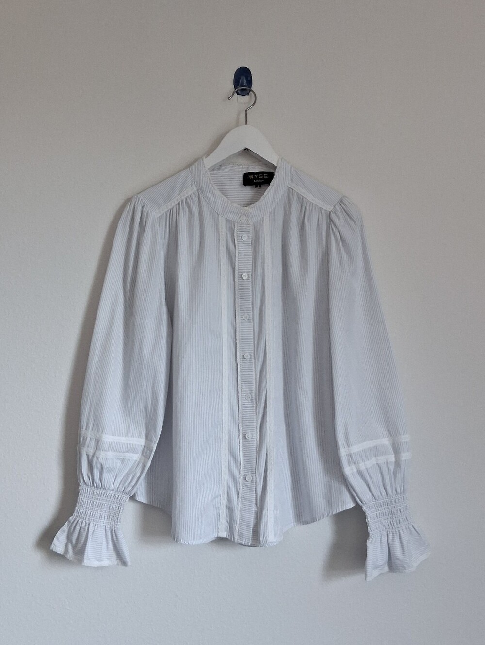 Wyse London Poplin Lace Inserts Round Collar Smocked Sleeve Blouse In Stripe